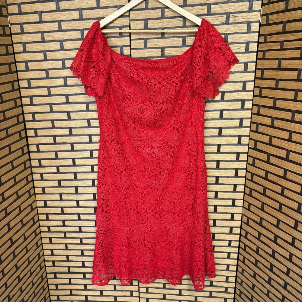 Lauren Ralph Lauren Red Lace Off-Shoulder Mini Dress